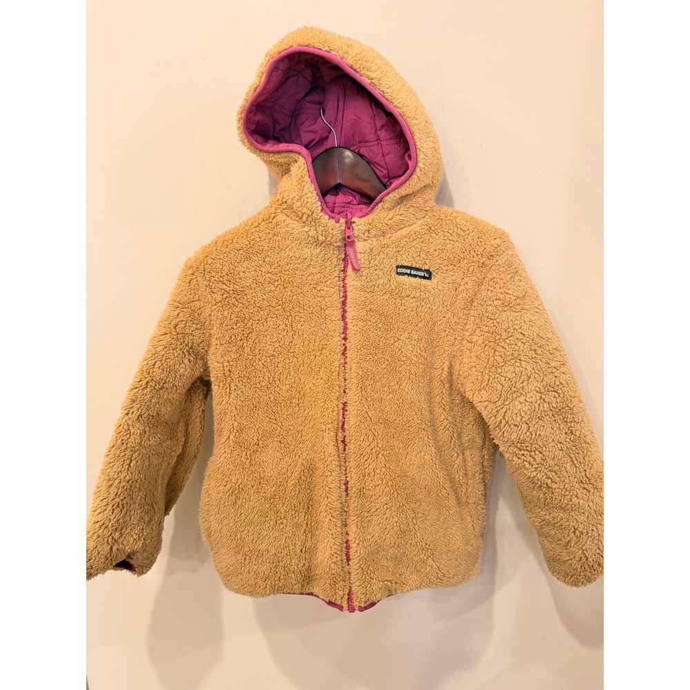 Eddie Bauer Kids Reversible Puffer Jacket Pink Blue Fleece Lined Hooded M 10/12 - Picture 8 of 9